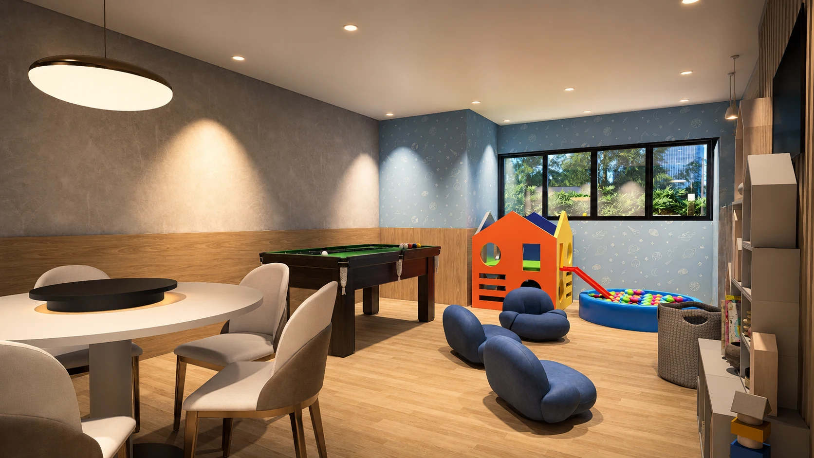 Espaço kids com brinquedos, mesas de atividades, pufes e jogos.